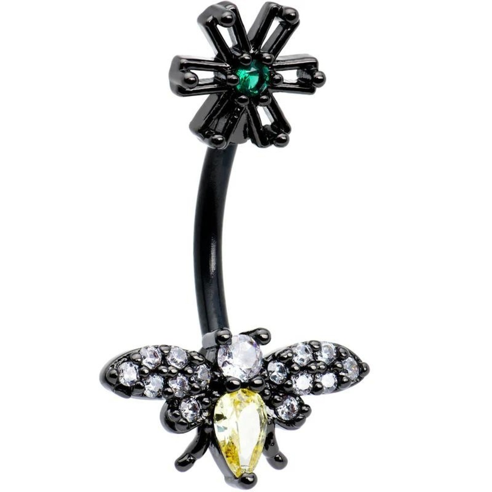 nwt yellow bee butterfly flower black‎ 14G silver belly ring